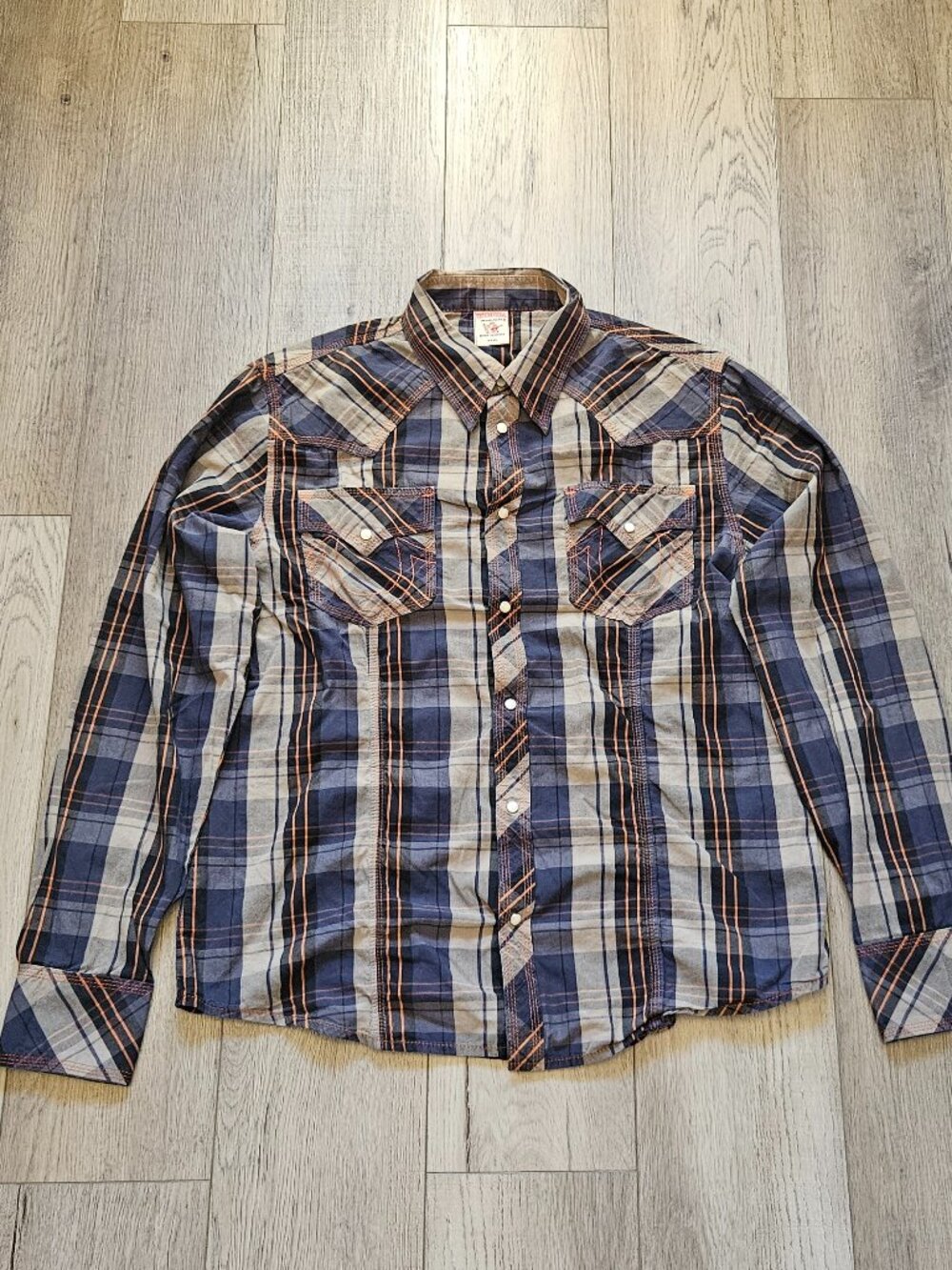 True Religion Mens XL Blue Orange Plaid Western Snap Button Down Shirt 23 P2P